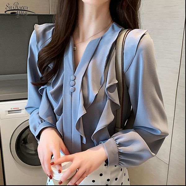 women blouses spring fashion chiffon shirts v neck ruffles long sleeve and pullover blusas 10702, White
women blouses spring fashion chiffon shirts v neck ruffles long sleeve and pullover blusas 10702, White