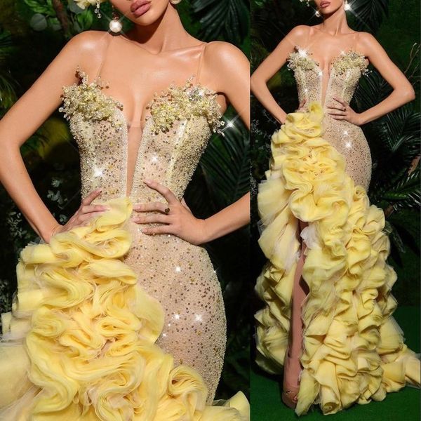 2022284 yellow gorgeous prom dresses with crystal beads sleeveless glitter sequins sheath split evening dress ruched custom long pageant gow, Black
2022284 yellow gorgeous prom dresses with crystal beads sleeveless glitter sequins sheath split evening dress ruched custom long pageant gow, Black