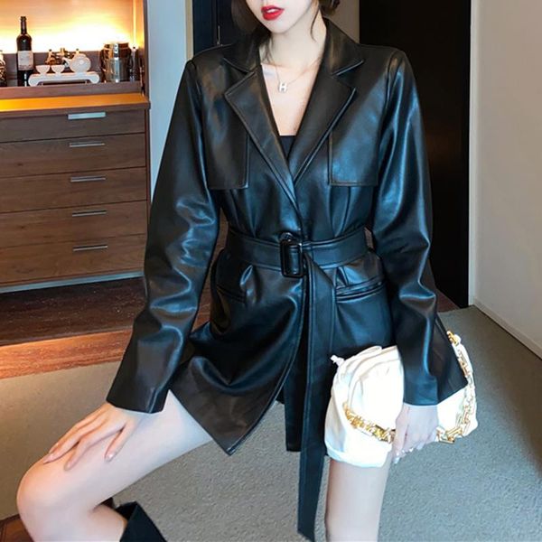 women's leather & faux outerwear korean moto jacket women casual loose long sleeve biker 2021 streetwear pockets with sashes spring, Black
women's leather & faux outerwear korean moto jacket women casual loose long sleeve biker 2021 streetwear pockets with sashes spring, Black