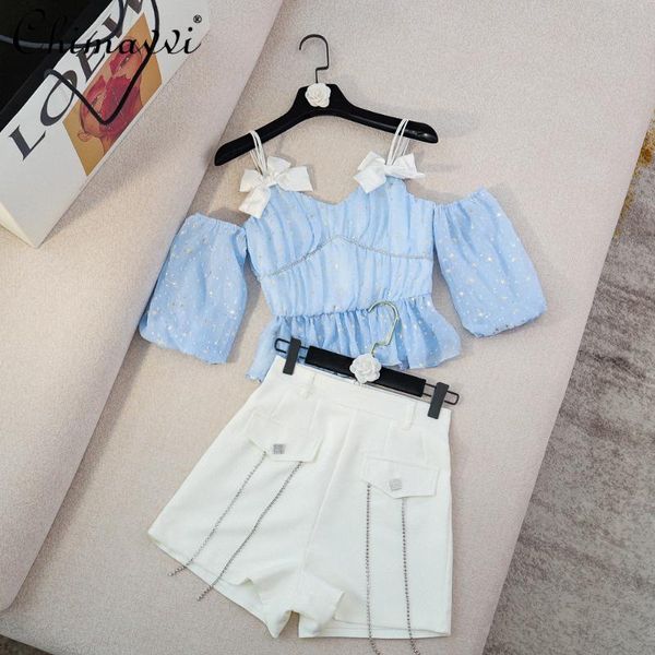 women's tracksuits high street women short puff sleeve thin strap bow rhinestone blue waist white shorts two piece suit, Gray
women's tracksuits high street women short puff sleeve thin strap bow rhinestone blue waist white shorts two piece suit, Gray