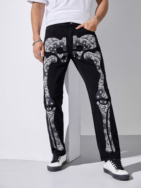 men paisley skeleton print zipper fly jeans 630l#, Blue