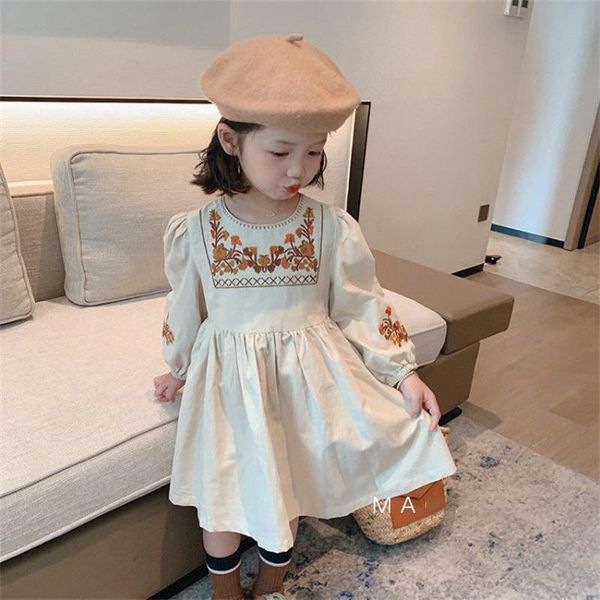 girl's dresses girls retro style for autumn flowers embroidery children kids, Red;yellow