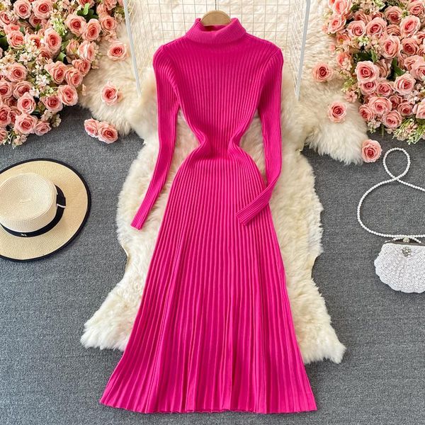 casual dresses autumn and winter elegant women's pleated knitted dress solid robe slim turtleneck long sweater female vestidos, Black;gray