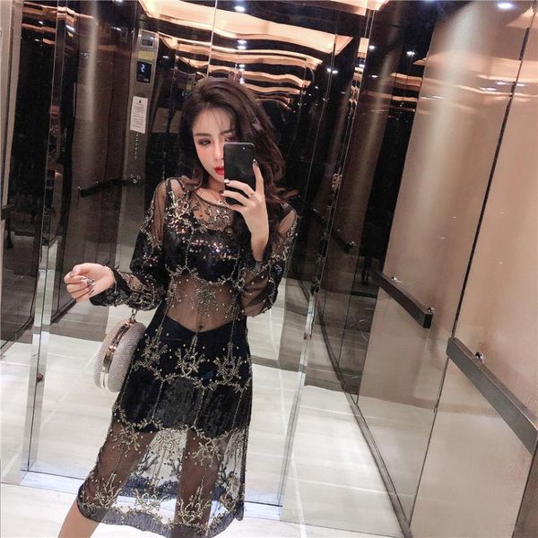 casual dresses 2021 mesh sequin fashion long sleeve net yarn dress real s and beaded round neck see- through, Black;gray
casual dresses 2021 mesh sequin fashion long sleeve net yarn dress real s and beaded round neck see- through, Black;gray