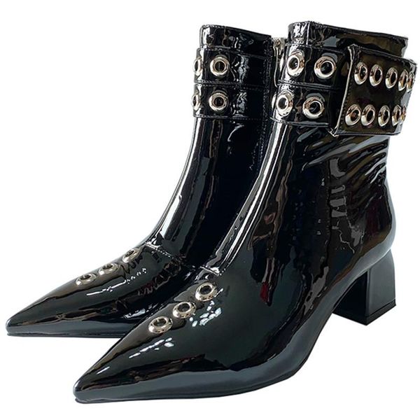 boots women handmade genuine leather patent ankle pointed toe square heel rivets decor fashion side zip lady, Black
boots women handmade genuine leather patent ankle pointed toe square heel rivets decor fashion side zip lady, Black