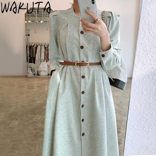 casual dresses wakuta vintage solid offical dress 2021 korean fashion single breasted sashes chic round neck a line long green white, Black;gray
casual dresses wakuta vintage solid offical dress 2021 korean fashion single breasted sashes chic round neck a line long green white, Black;gray