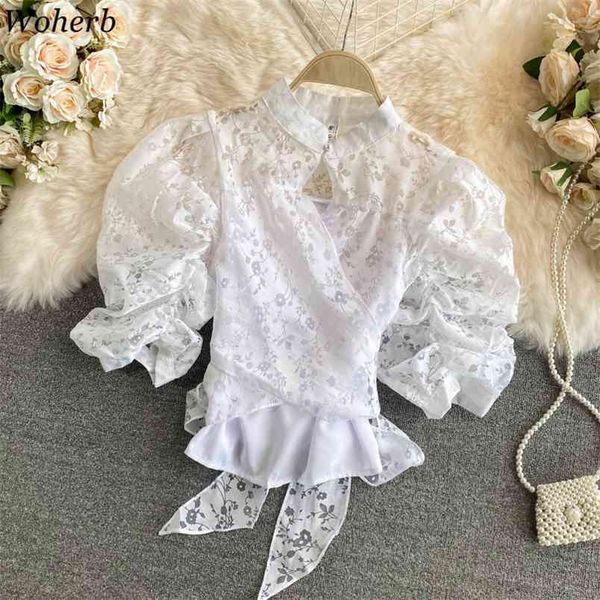 elegant blusas mujer patchwork lace shirt for women stand collar puff sleeve bandage chic button white blouses crop 210519
elegant blusas mujer patchwork lace shirt for women stand collar puff sleeve bandage chic button white blouses crop 210519