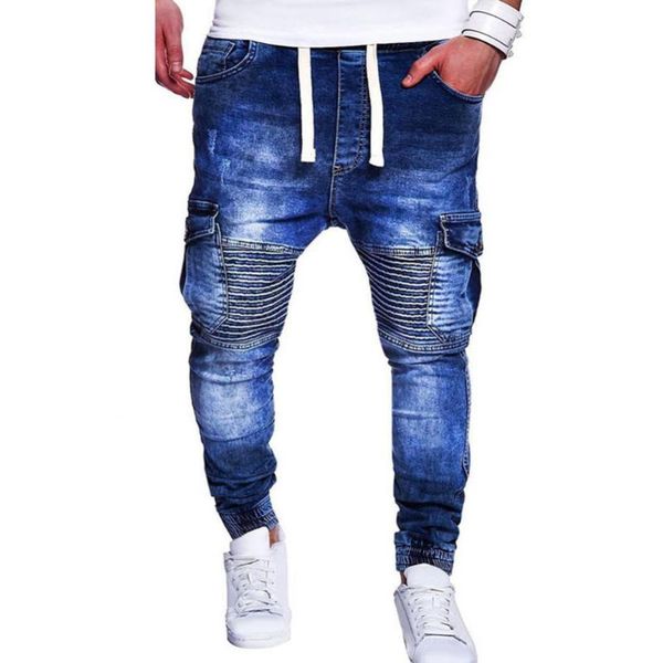 men's jeans men fashion multiple pocket pleated knee slim drawstring casual long pants waist skinny, Blue
men's jeans men fashion multiple pocket pleated knee slim drawstring casual long pants waist skinny, Blue