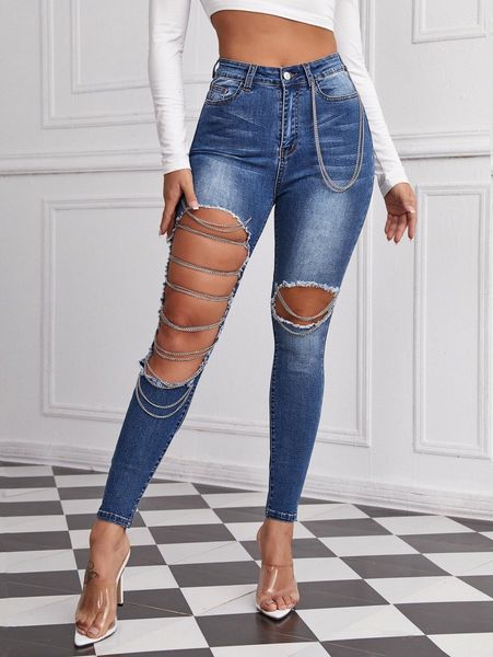 high waist cut-out chain skinny jeans l6va#, Blue
high waist cut-out chain skinny jeans l6va#, Blue