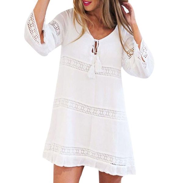 women's swimwear summer white hollow out women dress with tassel long sleeve bohemian beach dresses female solid v-neck mini vestidos, White;black
women's swimwear summer white hollow out women dress with tassel long sleeve bohemian beach dresses female solid v-neck mini vestidos, White;black