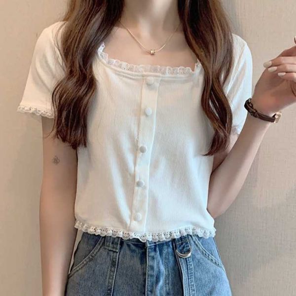 edge stitching lace white short women's summer foreign style slim fitting open navel sleeve knitted t-shirt solid color
edge stitching lace white short women's summer foreign style slim fitting open navel sleeve knitted t-shirt solid color