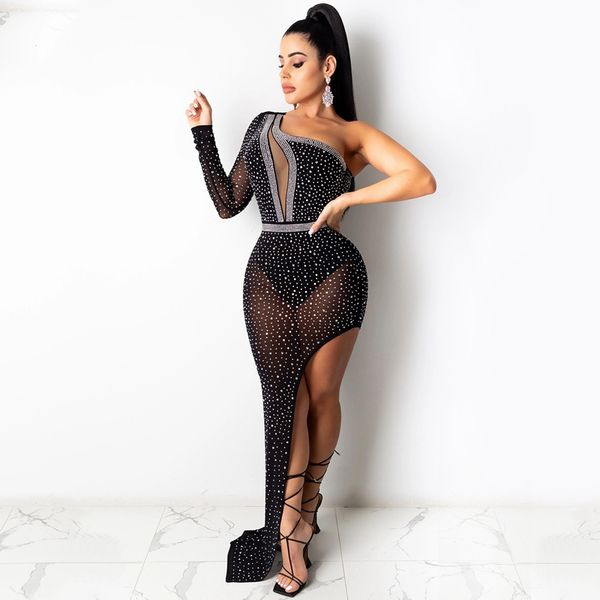 side high split one shoulder maxi dress women long sleeve fashion rhinestone sheer mesh long bodycon dress club party dress, Black;white
side high split one shoulder maxi dress women long sleeve fashion rhinestone sheer mesh long bodycon dress club party dress, Black;white