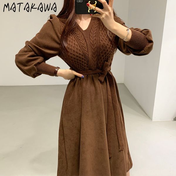autumn/winter retro vestido de mujer v-neck knitted sweater stitching woman dress lace-up waist puff long sleeve femme robe 210513, Black;gray
autumn/winter retro vestido de mujer v-neck knitted sweater stitching woman dress lace-up waist puff long sleeve femme robe 210513, Black;gray