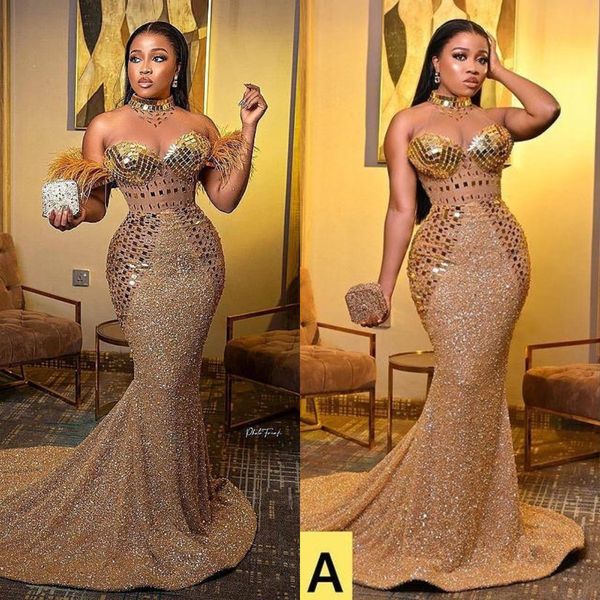 gold luxurious mermaid prom dresses high neck crystals beaded feather evening wear second reception gowns, Black
gold luxurious mermaid prom dresses high neck crystals beaded feather evening wear second reception gowns, Black