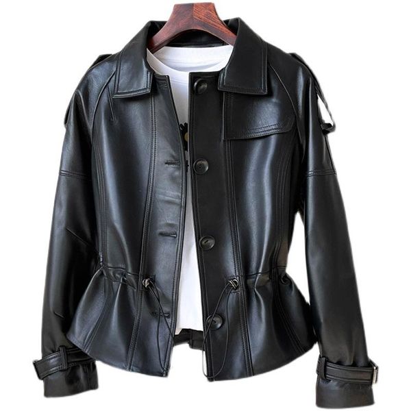 women's leather & faux real sheepskin suede jacket autumn women short moto coat suits lf21005bm, Black
women's leather & faux real sheepskin suede jacket autumn women short moto coat suits lf21005bm, Black