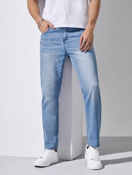 men washed straight leg jeans l4zq#, Blue