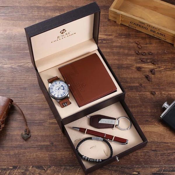 wristwatches men watches for men's gifts fashion 5-piece watch set male leather clock+wallet+keychain+bracelet+pen with exquisite gift, Slivery;brown
wristwatches men watches for men's gifts fashion 5-piece watch set male leather clock+wallet+keychain+bracelet+pen with exquisite gift, Slivery;brown
