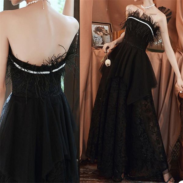 chic a line evening dresses with feather lace strapless spring prom pageant gown robe de mariée sweep train customize formal party gowns, Black
chic a line evening dresses with feather lace strapless spring prom pageant gown robe de mariée sweep train customize formal party gowns, Black