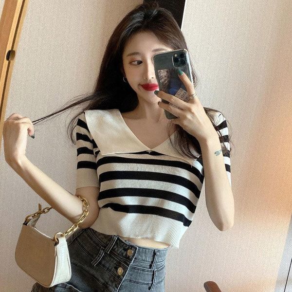 summer net red navy lapel color matching stripe short knitted sleeve t-shirt female women's, White
summer net red navy lapel color matching stripe short knitted sleeve t-shirt female women's, White
