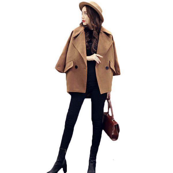 female short wool coat korean winter loose big solid color double breasted seven sleeves blend jacket lq127 rlps, Black;brown
female short wool coat korean winter loose big solid color double breasted seven sleeves blend jacket lq127 rlps, Black;brown