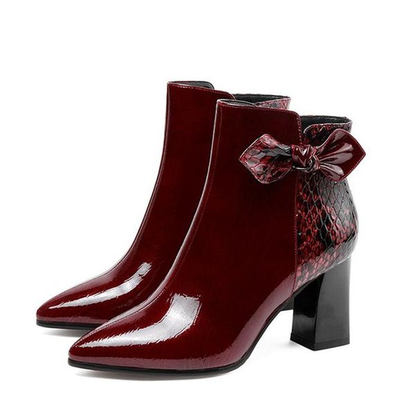 boots winter women patent leather zip bowtie ankle snakeskin pointed toe short high heels rubber outsoles, Black
boots winter women patent leather zip bowtie ankle snakeskin pointed toe short high heels rubber outsoles, Black