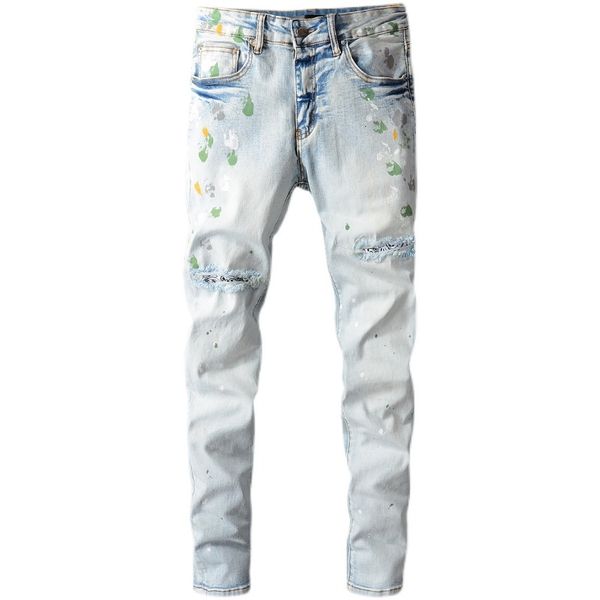 fashion jeans men's high street light color knife cut hole male paint graffiti trousers personality stretch slim denim pants 685, Blue
fashion jeans men's high street light color knife cut hole male paint graffiti trousers personality stretch slim denim pants 685, Blue