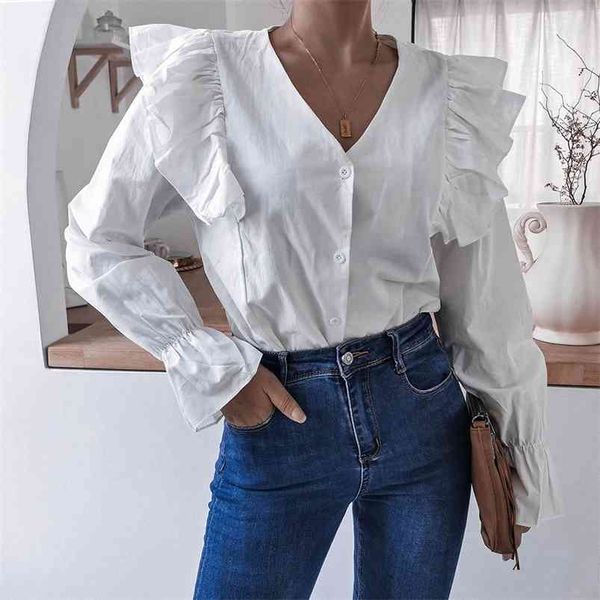white ruffle blouse women clothes elegant ladies v neck office shirts spring autumn 210427
white ruffle blouse women clothes elegant ladies v neck office shirts spring autumn 210427