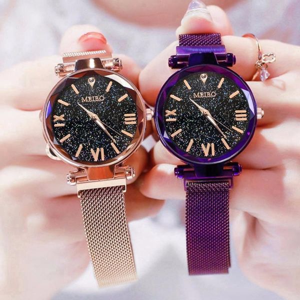 wristwatches women mesh magnet buckle starry sky watch casual luxury ladies geometric surface roman numeral quartz watches relogio feminino, Slivery;brown 
wristwatches women mesh magnet buckle starry sky watch casual luxury ladies geometric surface roman numeral quartz watches relogio feminino, Slivery;brown