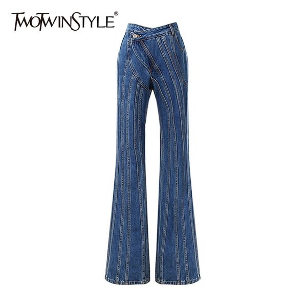 twotwinstyle striped denim flare jeans for women high waist casual irregular pants female fashion clothing autumn 210927, Blue
twotwinstyle striped denim flare jeans for women high waist casual irregular pants female fashion clothing autumn 210927, Blue