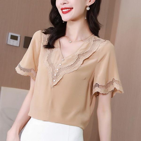 women's blouses & shirts 100% natural real silk women summer shirt elegant hollow out patchwork v-neck short sleeve office lady solid b, White
women's blouses & shirts 100% natural real silk women summer shirt elegant hollow out patchwork v-neck short sleeve office lady solid b, White