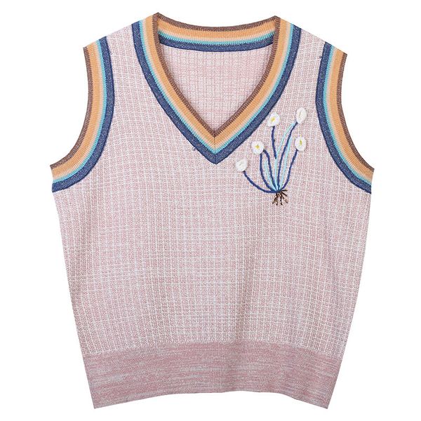 knits spring women v-neck striped hit flower embroidered thin knitted vest sweater, White
knits spring women v-neck striped hit flower embroidered thin knitted vest sweater, White