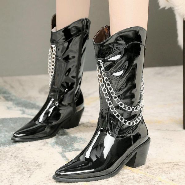 boots fashion women black mid calf chain pointed toe comfort square high heels zipper combat knight woman shoes 43
boots fashion women black mid calf chain pointed toe comfort square high heels zipper combat knight woman shoes 43