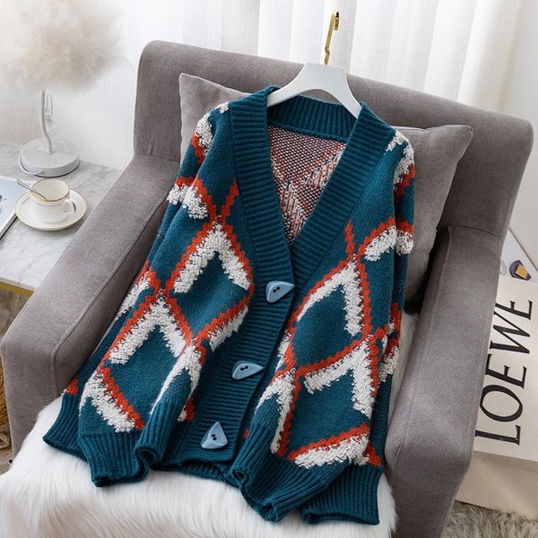 knitted v-neck sweater jacket women autumn and winter fashion new color matching diamond plaid loose cardigan top, White;black
knitted v-neck sweater jacket women autumn and winter fashion new color matching diamond plaid loose cardigan top, White;black