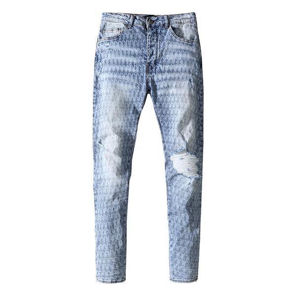 men's jeans fashion designer printed hole patch blue small feet slim stretch casual trousers
men's jeans fashion designer printed hole patch blue small feet slim stretch casual trousers