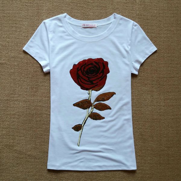 women's t-shirt lady summer women sequin shirt fashion cotton female rose flower sequined tshirts, White
women's t-shirt lady summer women sequin shirt fashion cotton female rose flower sequined tshirts, White
