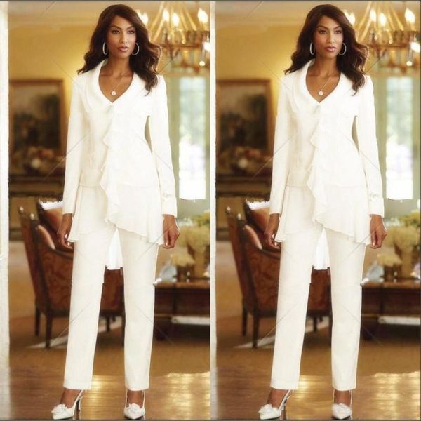 three pieces white ivory 2022 sheath elegant mothers pants trousers suits custom made ruffles chiffon mother of the bride gowns long sleeves, Black;red
three pieces white ivory 2022 sheath elegant mothers pants trousers suits custom made ruffles chiffon mother of the bride gowns long sleeves, Black;red
