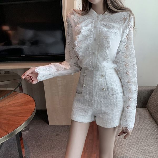 women's two piece pants zawfl-2021 spring women's ruffle shirt + tweed shorts, White
women's two piece pants zawfl-2021 spring women's ruffle shirt + tweed shorts, White