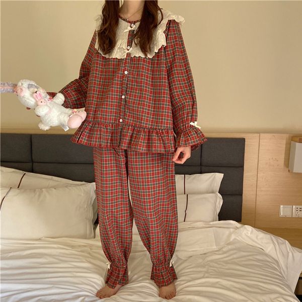 korean vintage plaid pajamas set women fashion ruffle sleepwear casual mori girls outwear home suit medieval flare sleeve s1025, Black;red
korean vintage plaid pajamas set women fashion ruffle sleepwear casual mori girls outwear home suit medieval flare sleeve s1025, Black;red