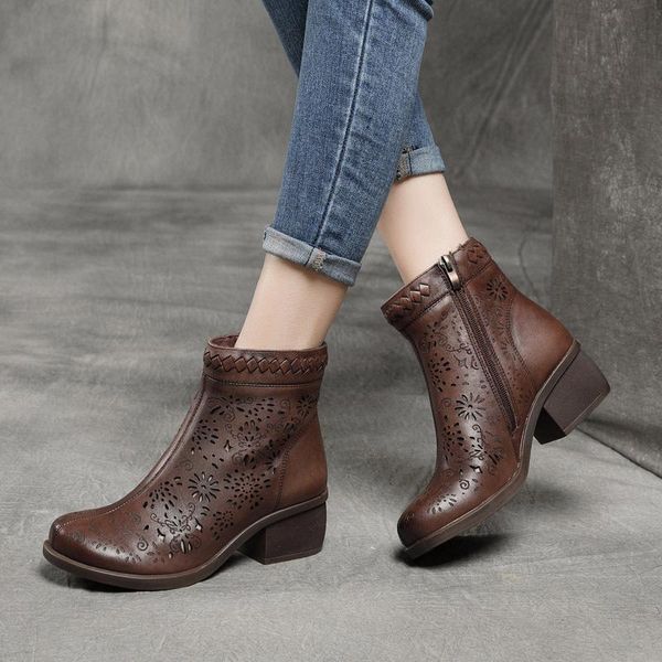 spring and summer first layer cowhide hollow sandals leather retro side zipper mid-heel thick heel short boots women's shoes, Black
spring and summer first layer cowhide hollow sandals leather retro side zipper mid-heel thick heel short boots women's shoes, Black