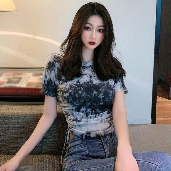 korean women t-shirt round neck tie dyed drawstring slim short sleeve tight fitting women's, White
korean women t-shirt round neck tie dyed drawstring slim short sleeve tight fitting women's, White