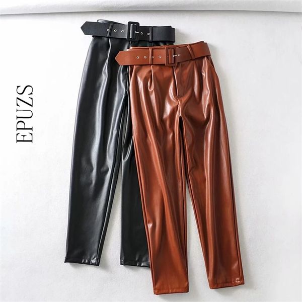 fashion belt black faux leather pants women high waist streetwear sashes pockets office ladies pu trousers 210521, Black;white
fashion belt black faux leather pants women high waist streetwear sashes pockets office ladies pu trousers 210521, Black;white