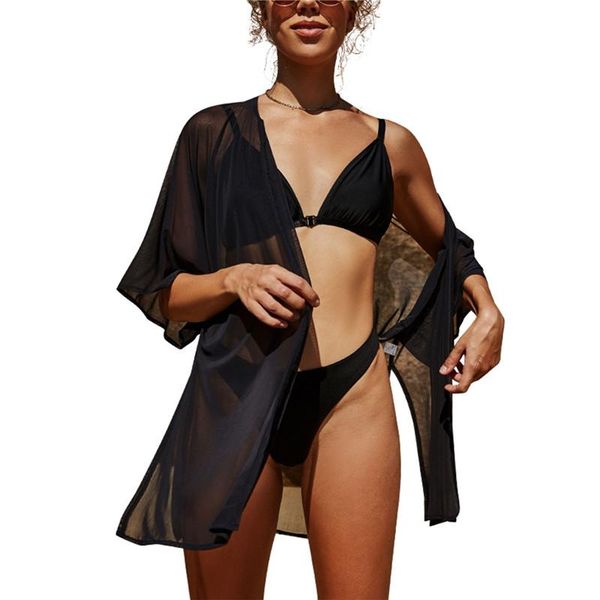 women's swimwear female bikini cover ups black solid color half sleeve cardigan smock see-through blouse for women travel beach, White;black
women's swimwear female bikini cover ups black solid color half sleeve cardigan smock see-through blouse for women travel beach, White;black