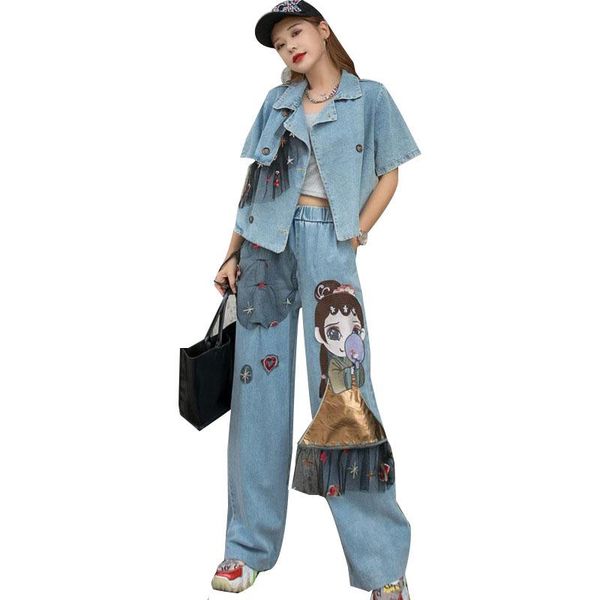 women's two piece pants qing mo loose fit women denim set 2021 summer mesh patchwork coat + cartoon patch fashionable zqy7279, White
women's two piece pants qing mo loose fit women denim set 2021 summer mesh patchwork coat + cartoon patch fashionable zqy7279, White