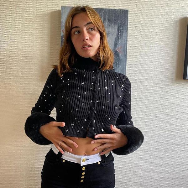 women's knits & tees zovsv vintage elegant black cropped cardigan women embroidery casual fur collar sweaters korean fashion jumpers la, White
women's knits & tees zovsv vintage elegant black cropped cardigan women embroidery casual fur collar sweaters korean fashion jumpers la, White
