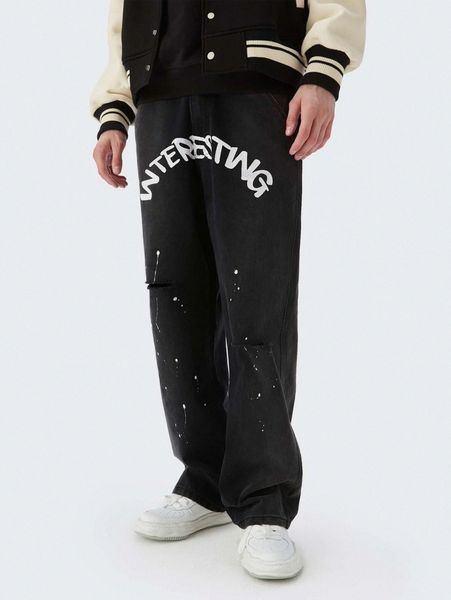 men letter & splatter print ripped patched detail jeans p4na#, Blue
men letter & splatter print ripped patched detail jeans p4na#, Blue