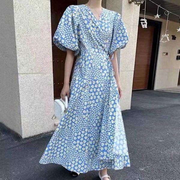 summer korean fashion flower print long dres v neck puff sleeve casual dresses 210531, Black;gray
summer korean fashion flower print long dres v neck puff sleeve casual dresses 210531, Black;gray