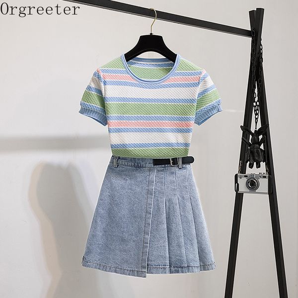 casual suit female summer korean colorful striped knitted pullover jumper and denim pleated skirt two piece set women 210525, White
casual suit female summer korean colorful striped knitted pullover jumper and denim pleated skirt two piece set women 210525, White