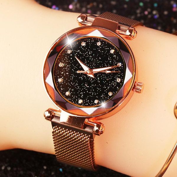 wristwatches women watch magnet quartz wristwatch womens watches luxury dress reloj crystal mujer steel feminino relogio starry sky saati, Slivery;brown