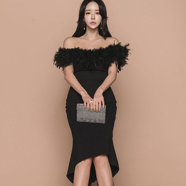 dresses ladies party slash-neck feather patchwork mermaid dress women slim waist midi black vestidos femme s3x4, Black;gray
dresses ladies party slash-neck feather patchwork mermaid dress women slim waist midi black vestidos femme s3x4, Black;gray