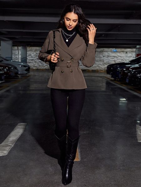 double breasted belted trench coat g3uh#, Tan;black